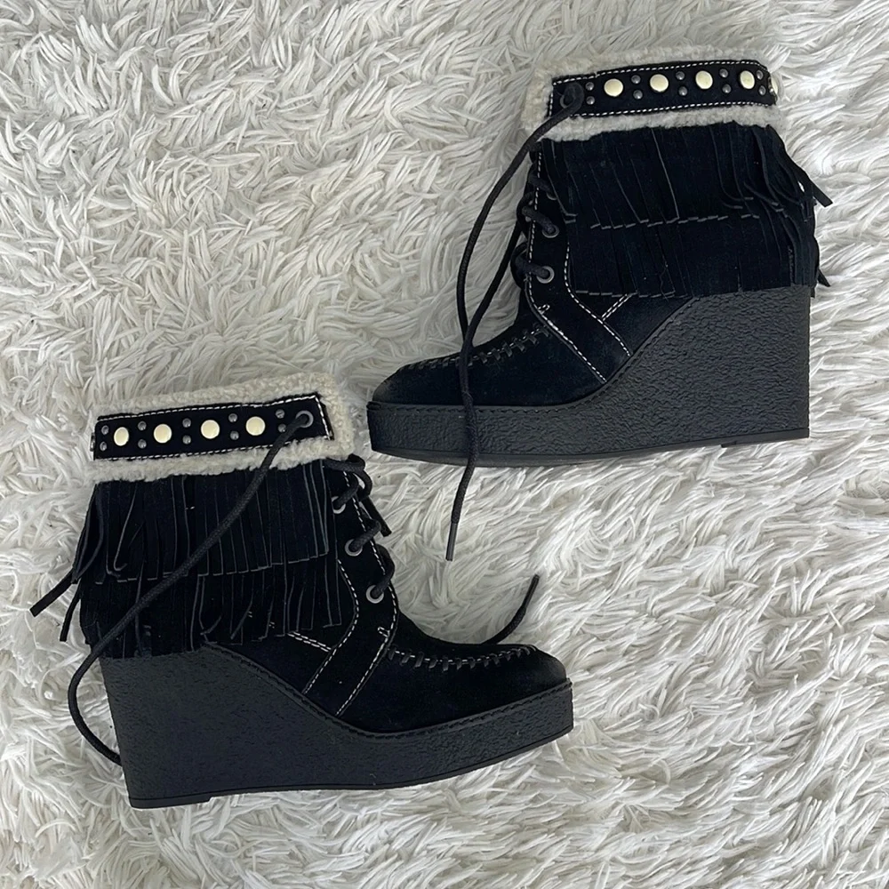 Sam Edelman Kemper Black Suede Fringe Ankle Boots Booties Size 7.5